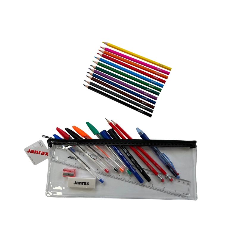 Stationery Filled Black Zip 13x5"" Pencil Case with Colouring Pencils