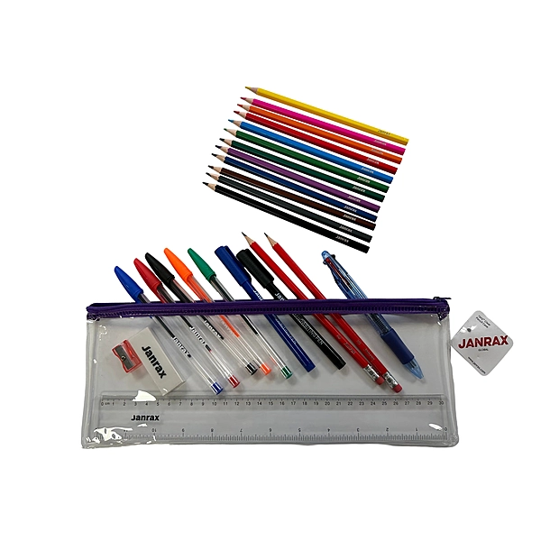 Stationery Filled Purple Zip 13x5"" Pencil Case with Colouring Pencils