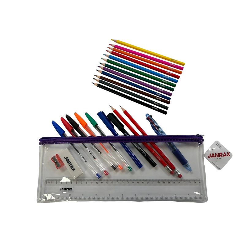 Stationery Filled Purple Zip 13x5"" Pencil Case with Colouring Pencils