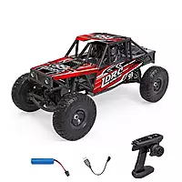 LDRC Model 18499R performing indoor obstacle rock climbing with extreme axle articulation