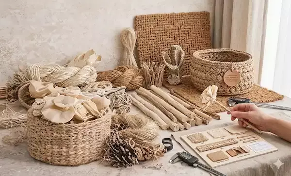 mix of raw sola materials dried decor wicker products and flower sticks for wholesale quality evaluation