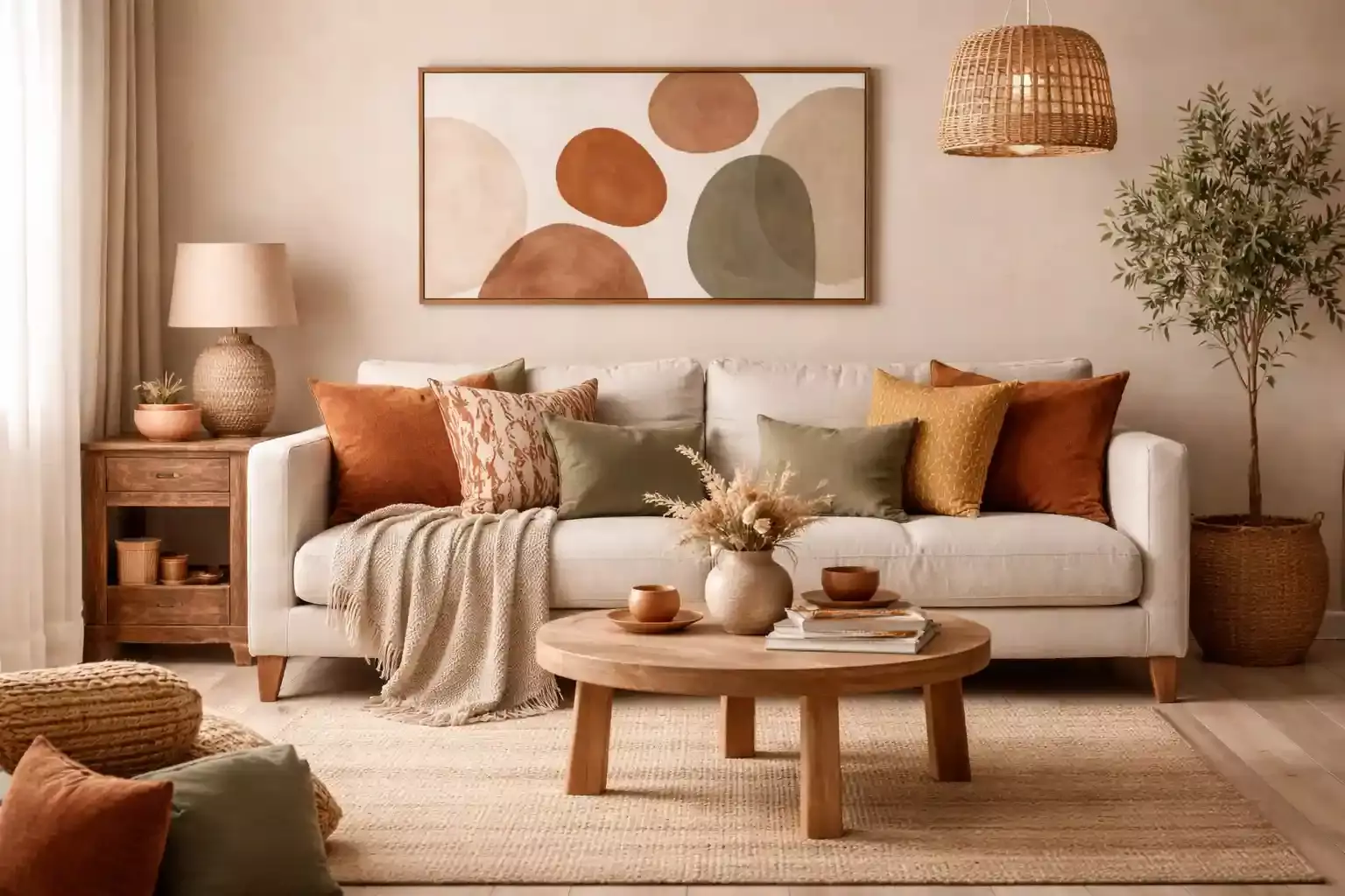 rustic living room decor with terracotta sage ochre tones using natural dried flowers and handcrafted accents rustic living room decor with terracotta sage ochre tones using natural dried flowers and handcrafted accents