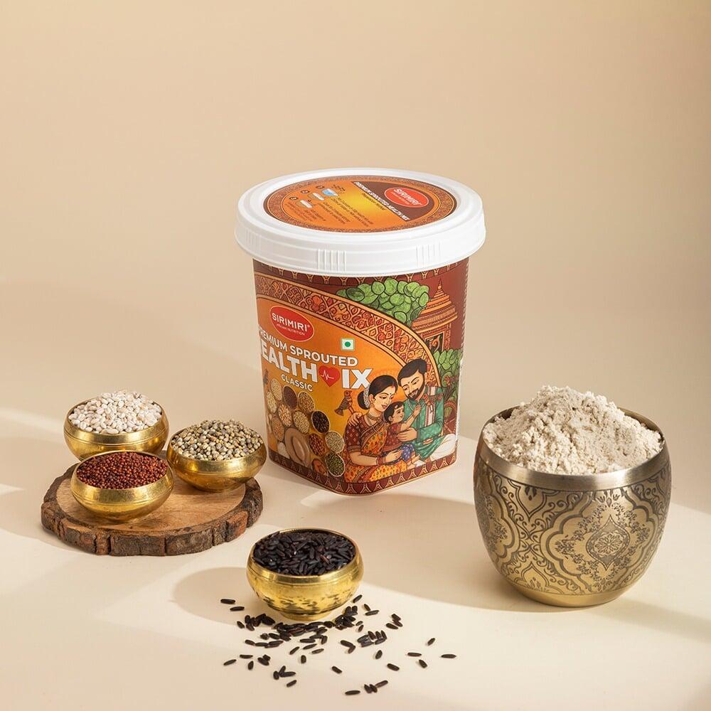 SIRIMIRI Premium Sprouted Health Mix jar with grains, pulses, nuts and a spoon of prepared porridge