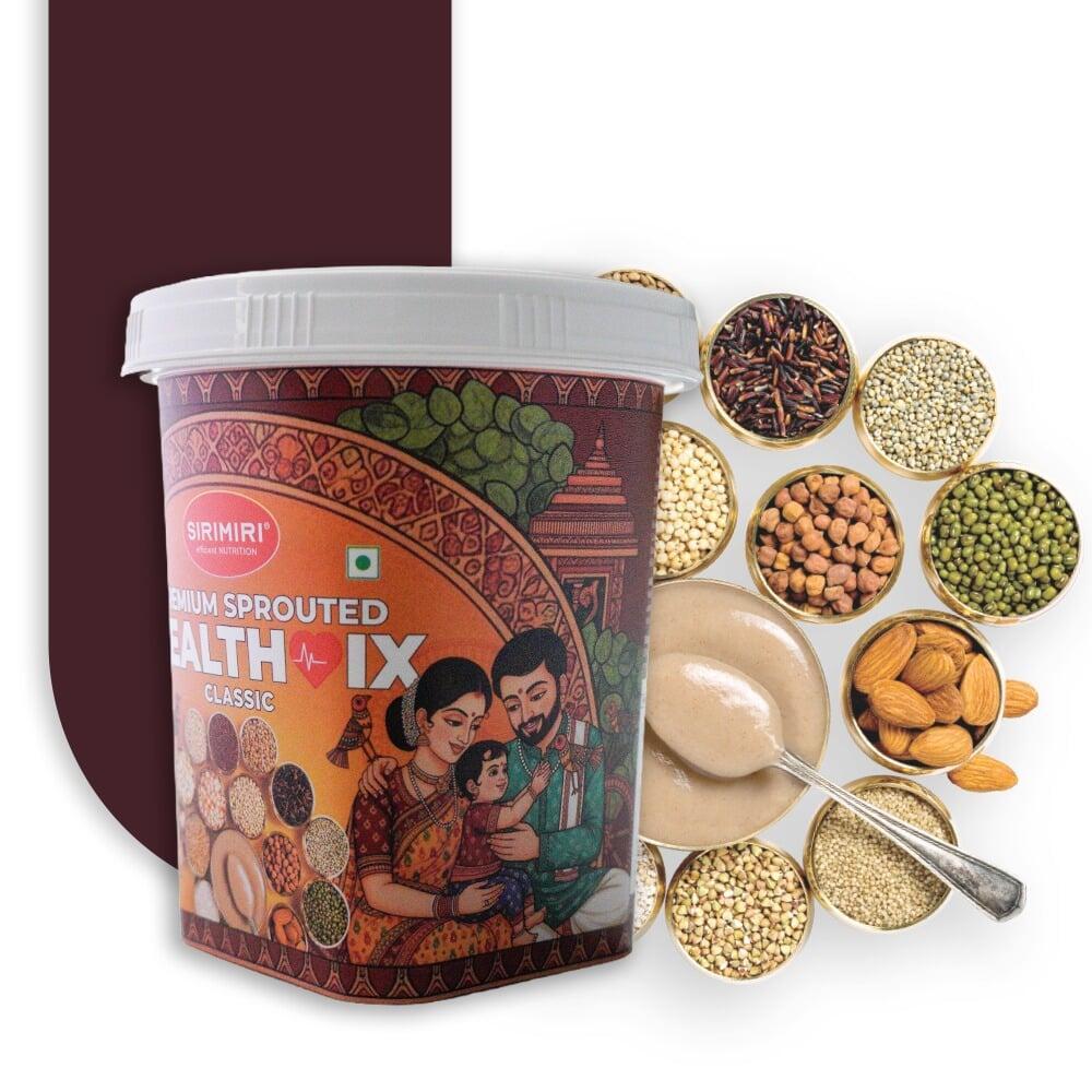 SIRIMIRI Premium Sprouted Health Mix jar with grains, pulses, nuts and a spoon of prepared porridge SIRIMIRI Premium Sprouted Health Mix jar with grains, pulses, nuts and a spoon of prepared porridge
