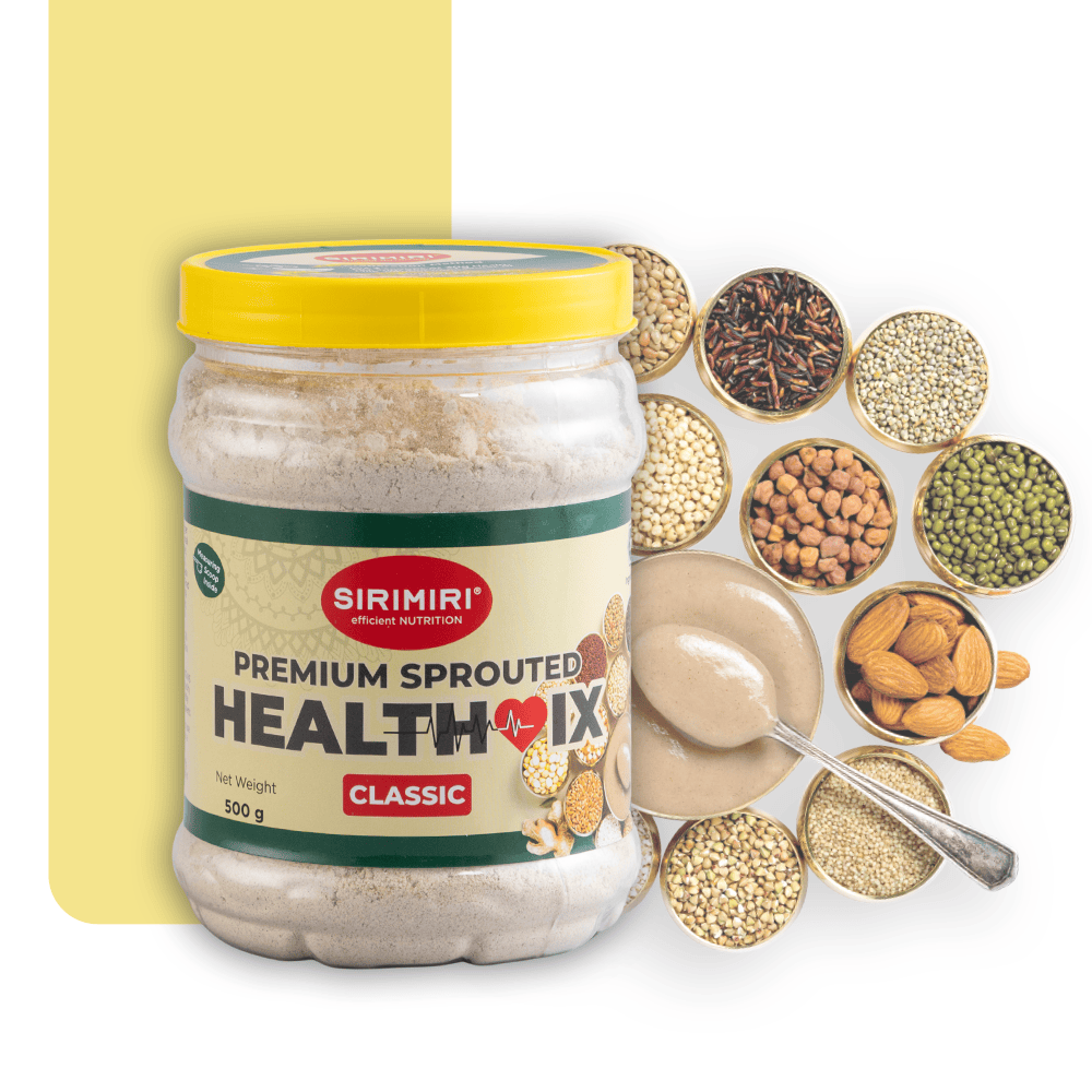 SIRIMIRI Premium Sprouted Health Mix jar with grains, pulses, nuts and a spoon of prepared porridge