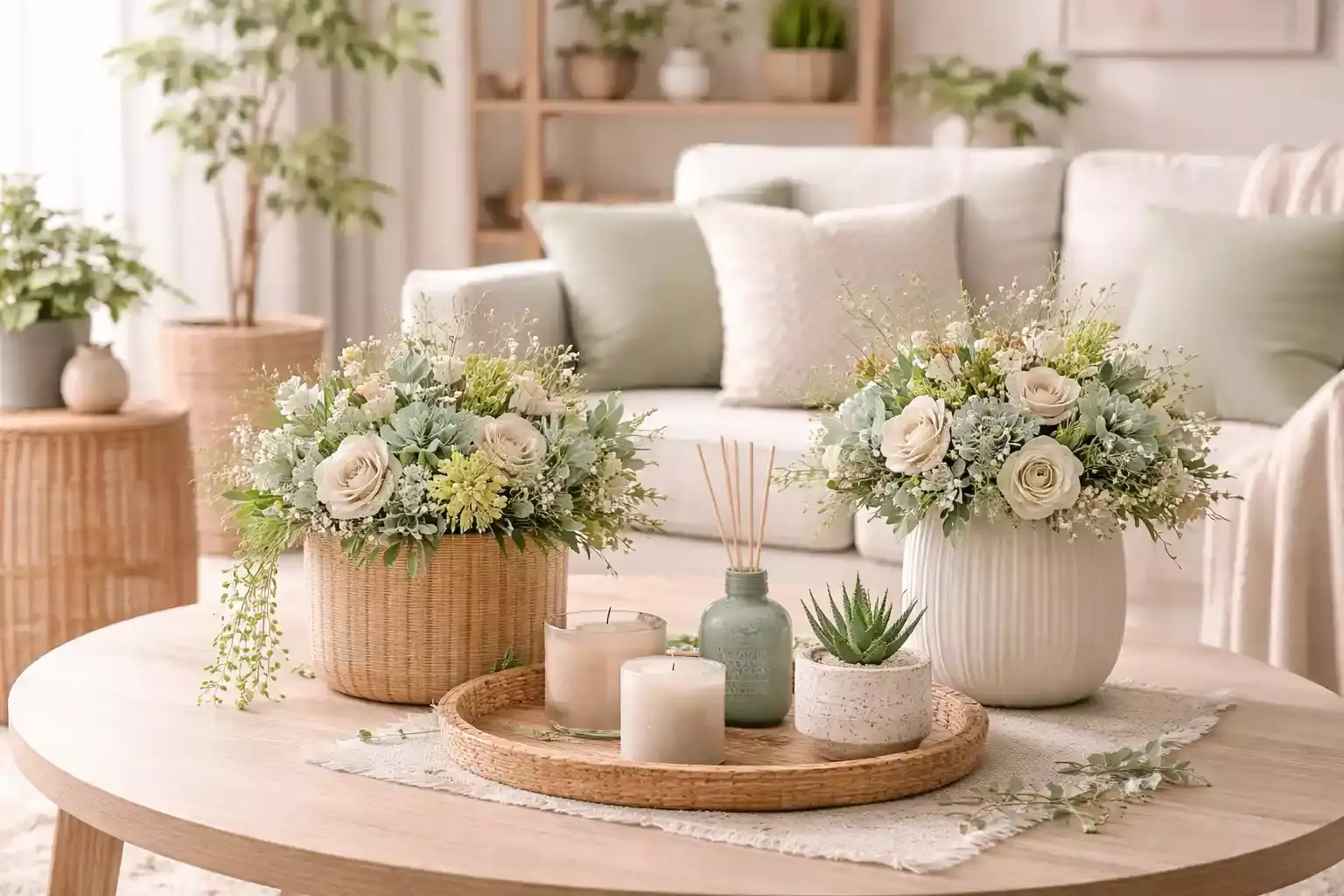 spring living room decor with sola wood flowers pastel arrangement wicker basket and light natural styling