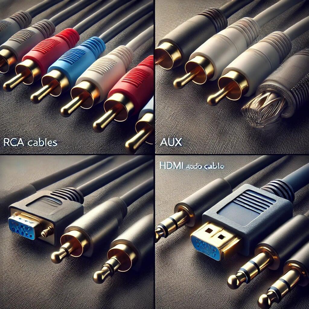 "Close-up view of various audio and video cables, including RCA cables with red, white, and yellow plugs, AUX (3.5mm) cable, VGA cable with a blue 15-pin connector, and HDMI audio cable with a modern metallic finish. The cables are neatly arranged on a soft neutral gradient background with subtle lighting." "Close-up view of various audio and video cables, including RCA cables with red, white, and yellow plugs, AUX (3.5mm) cable, VGA cable with a blue 15-pin connector, and HDMI audio cable with a modern metallic finish. The cables are neatly arranged on a soft neutral gradient background with subtle lighting."