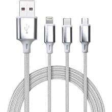 "White 3-in-1 charging cable with USB, Type-C, and Lightning connectors for versatile device compatibility." "White 3-in-1 charging cable with USB, Type-C, and Lightning connectors for versatile device compatibility."